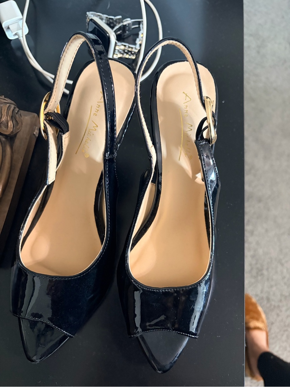 Anne Michelle Black Patent Pointed Slingback Pumps
